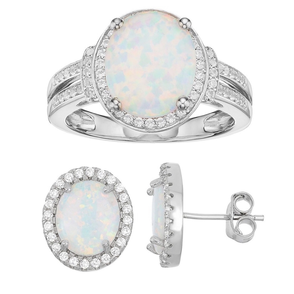 Opal Halo Ring and Earrings Set